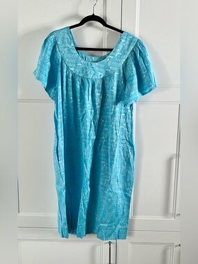 Vintage Light Blue Women's Short-Sleeve Summer Dress - House dress size L